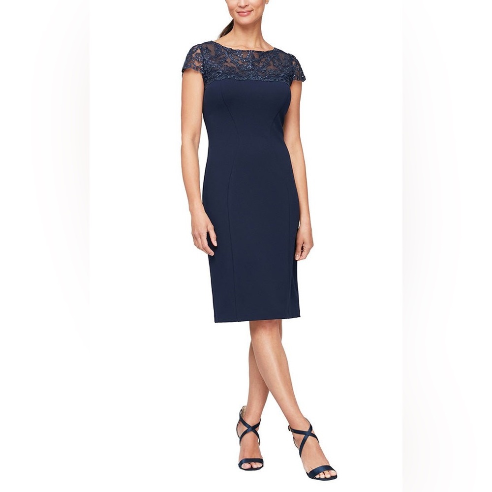 Short Sheath Crepe Cocktail Dress with Embroidered Illusion Neckline & Cap